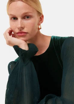 Dark Green Velvet Pleated Sleeve Dress
