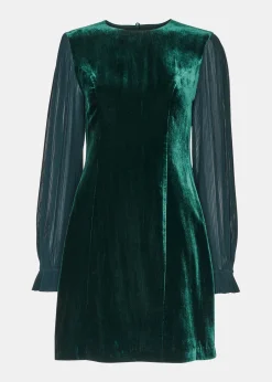 Dark Green Velvet Pleated Sleeve Dress