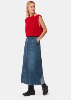 Denim Patchwork Denim Midi Skirt