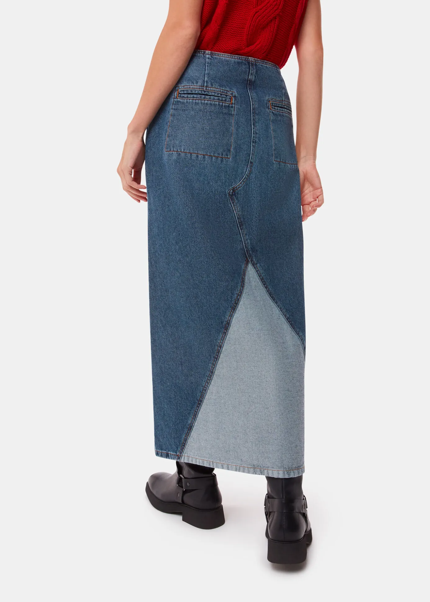 Denim Patchwork Denim Midi Skirt