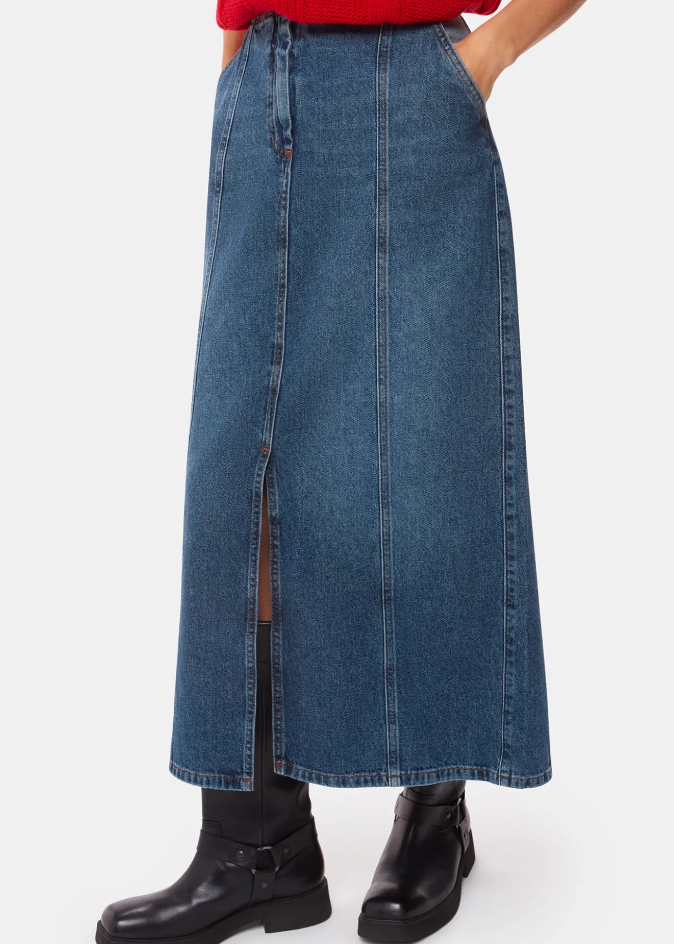 Denim Patchwork Denim Midi Skirt