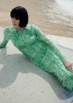 Green Brushwork Print Mesh Dress