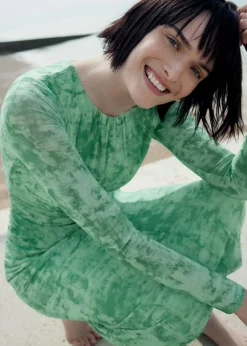 Green Brushwork Print Mesh Dress