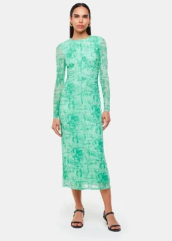 Green Brushwork Print Mesh Dress