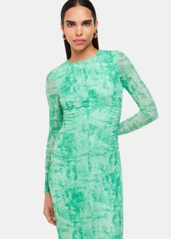 Green Brushwork Print Mesh Dress