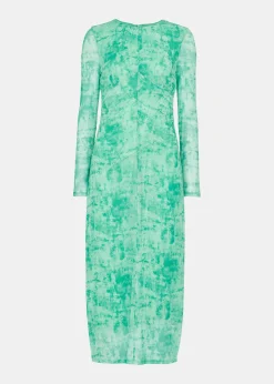 Green Brushwork Print Mesh Dress