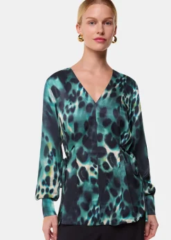 Green Misty Leopard V Neck Blouse