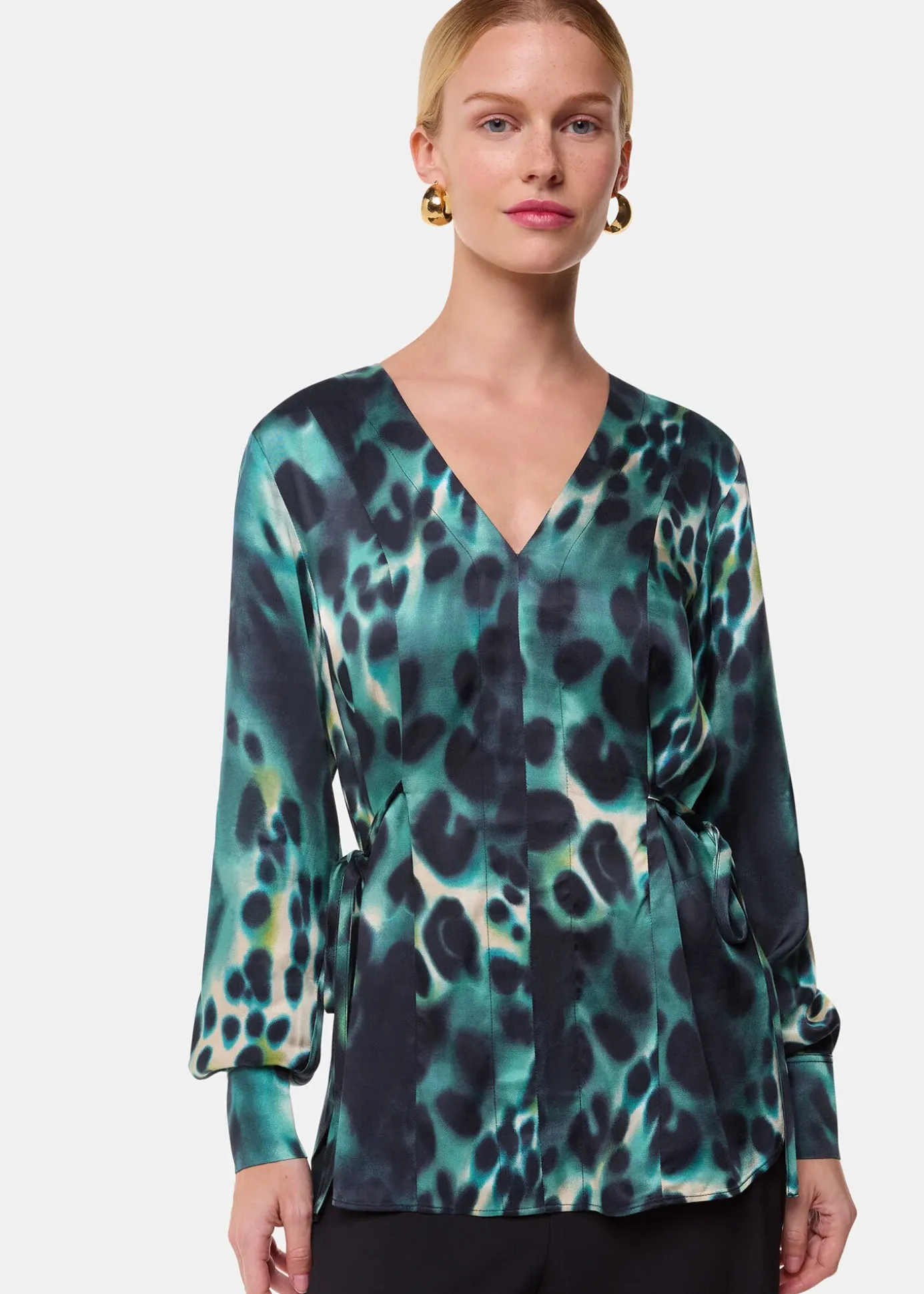Green Misty Leopard V Neck Blouse