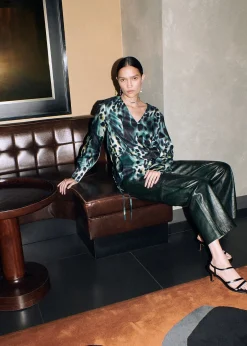 Green Misty Leopard V Neck Blouse