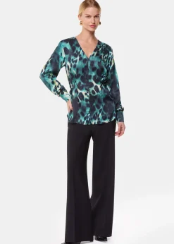 Green Misty Leopard V Neck Blouse