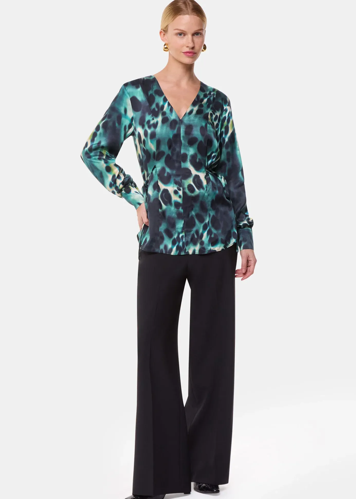 Green Misty Leopard V Neck Blouse