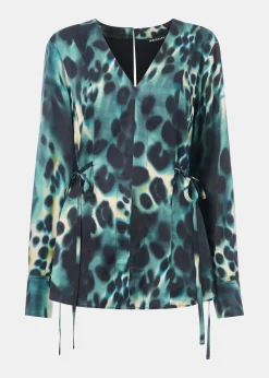 Green Misty Leopard V Neck Blouse