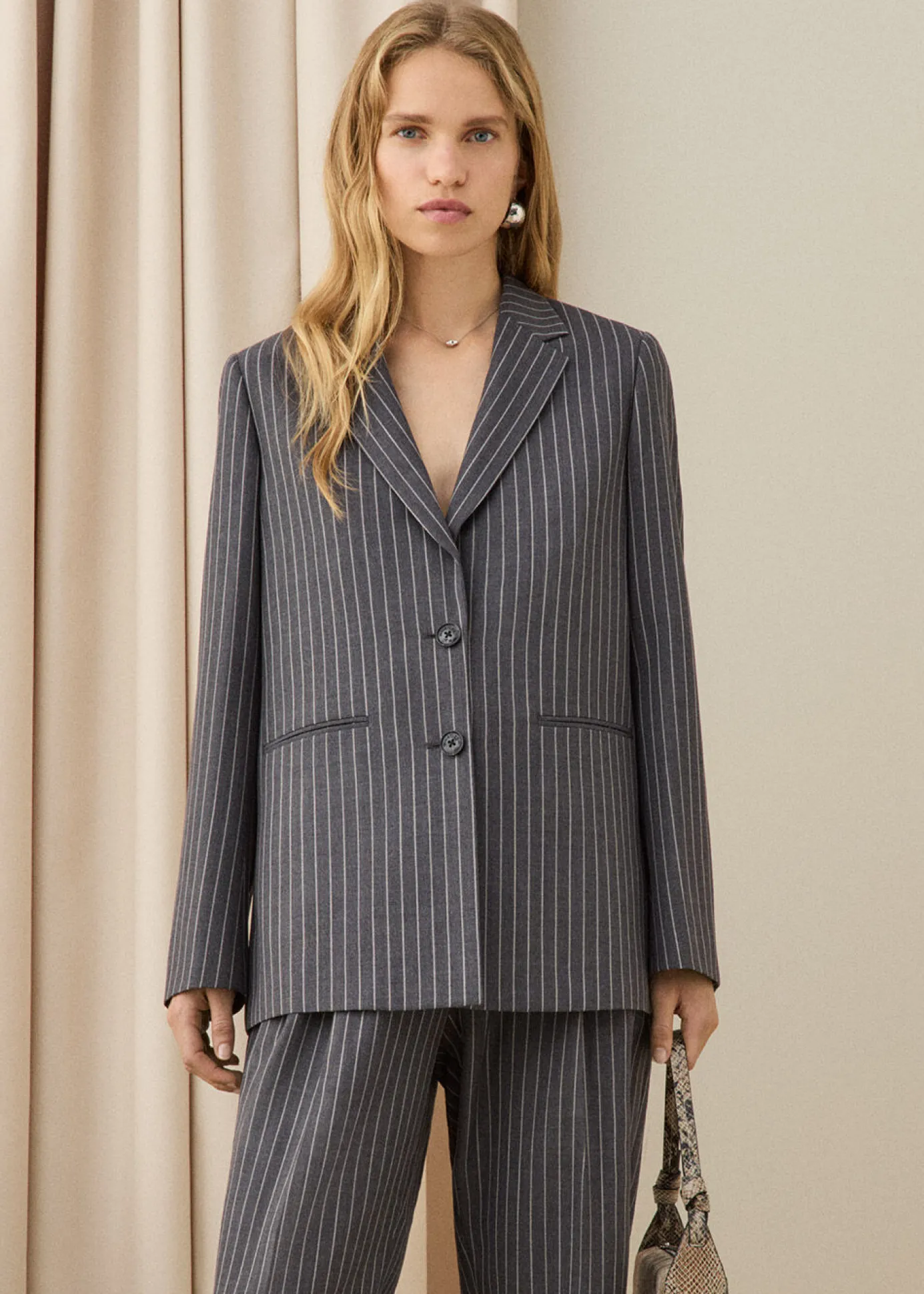 Grey Isla Pinstripe Wool Blazer