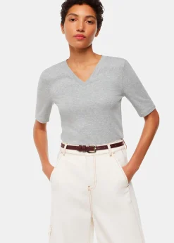 Grey Marl V Neck Ribbed T-Shirt