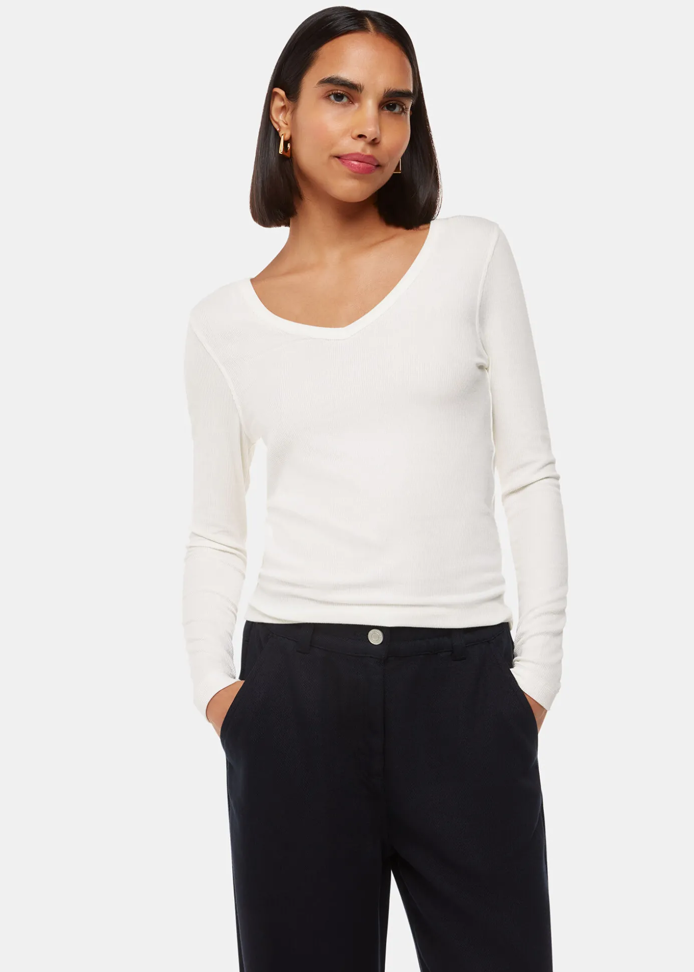 Ivory Essential Ribbed V Neck