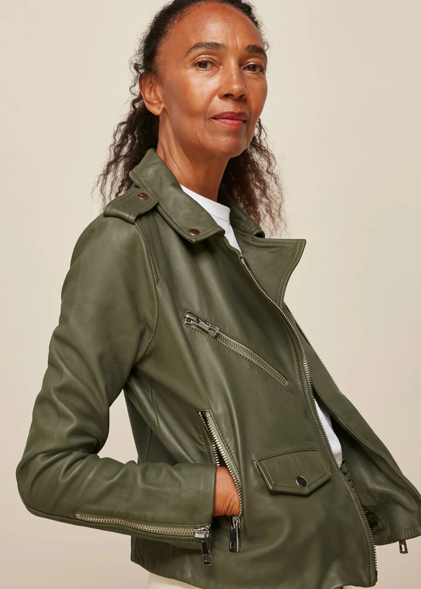 Khaki Agnes Pocket Leather Jacket