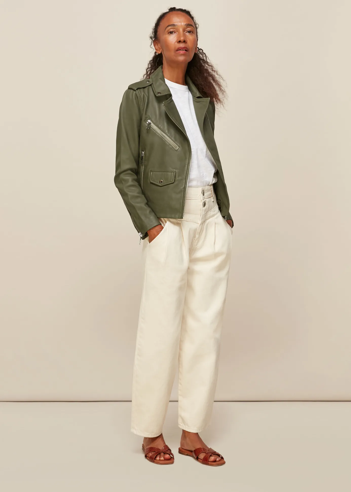 Khaki Agnes Pocket Leather Jacket