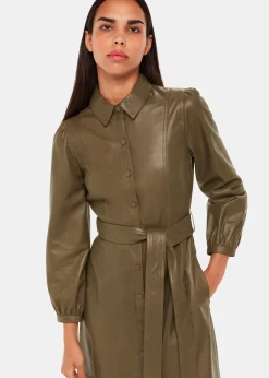 Khaki Phoebe Leather Shirt Dress
