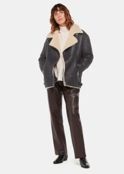 Navy Annika Leather Aviator Jacket