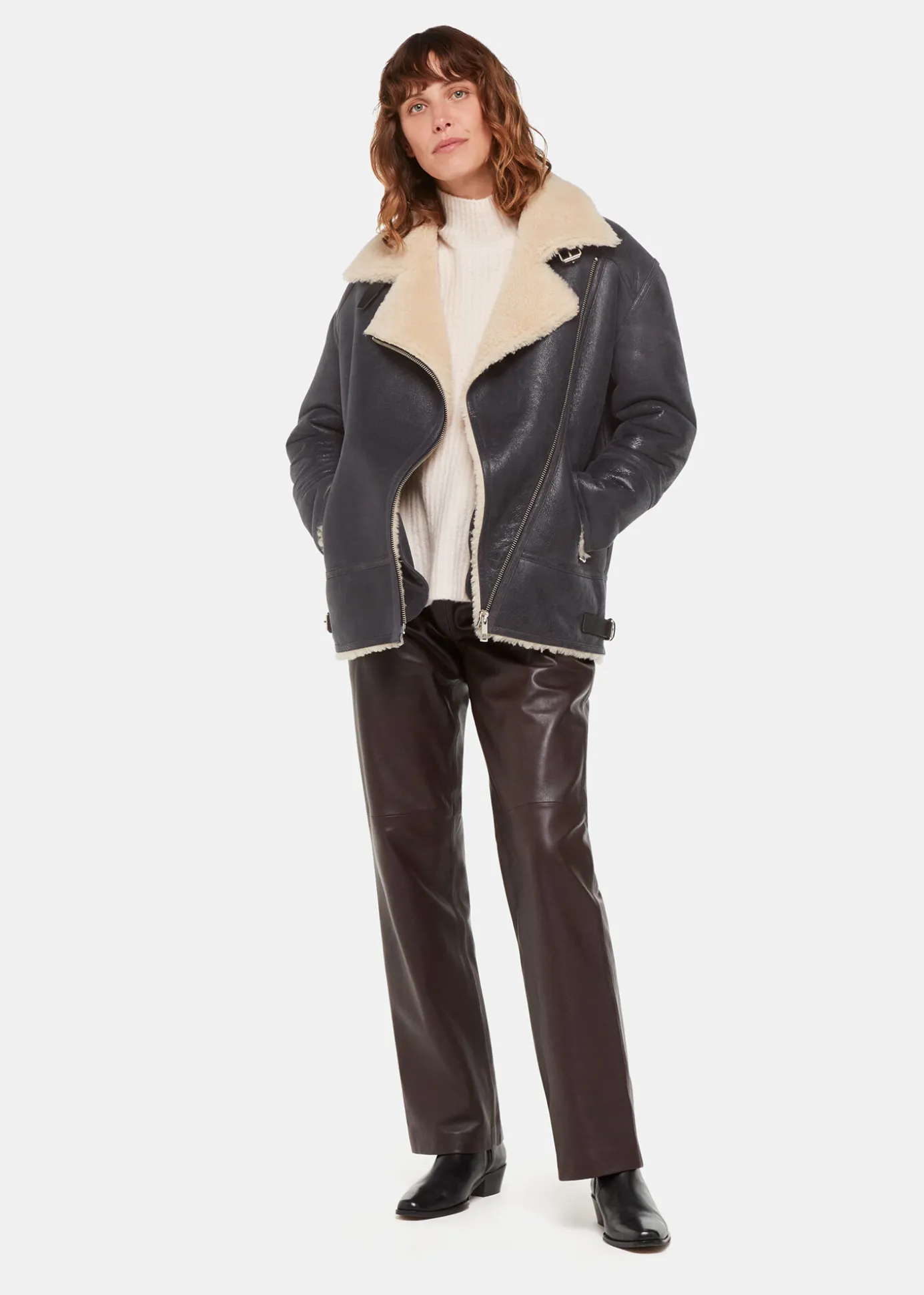 Navy Annika Leather Aviator Jacket