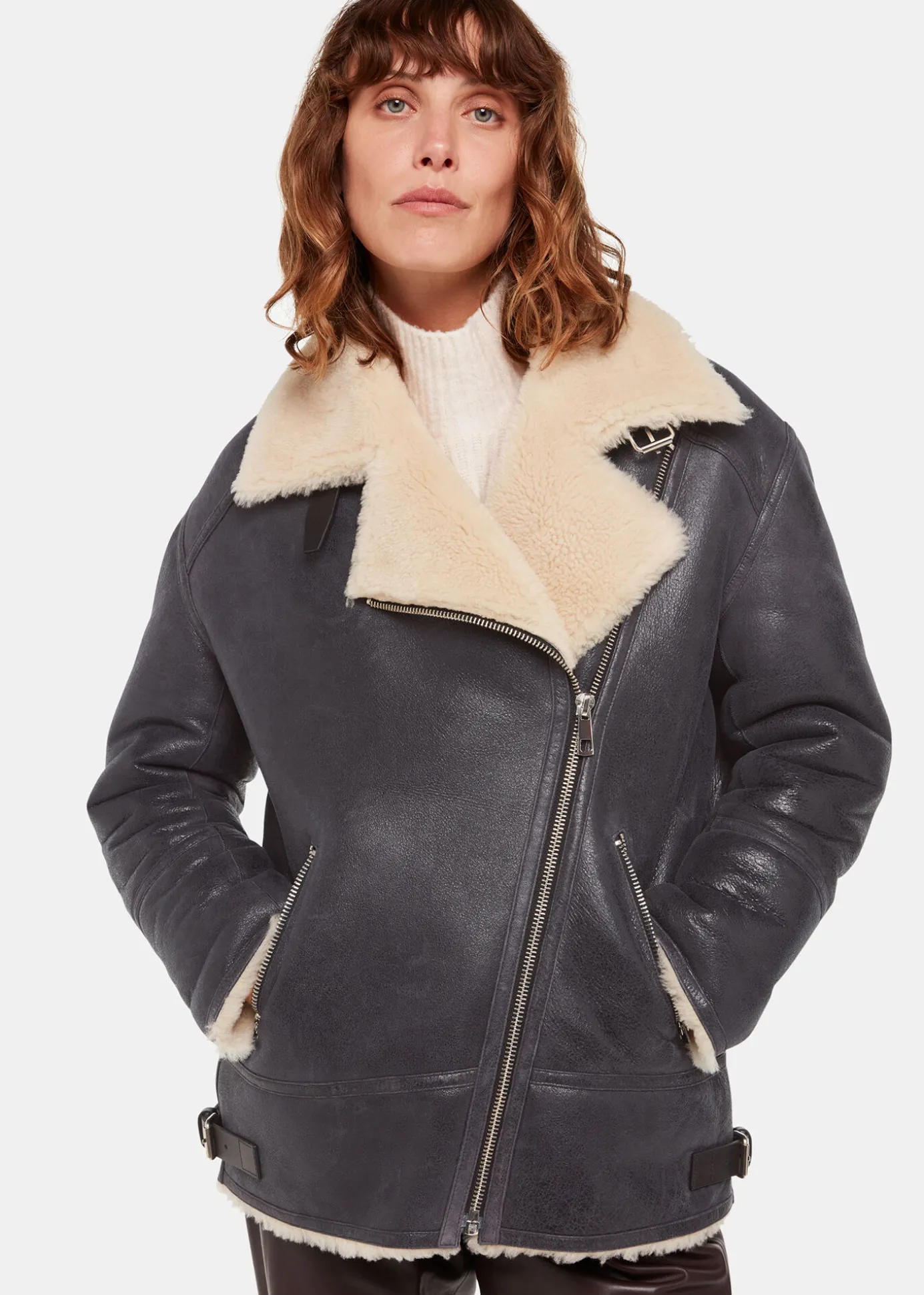 Navy Annika Leather Aviator Jacket
