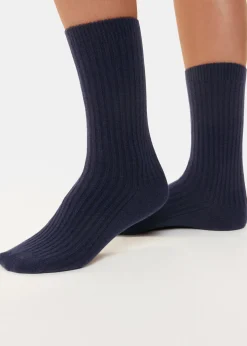Navy Cashmere Ribbed Socks