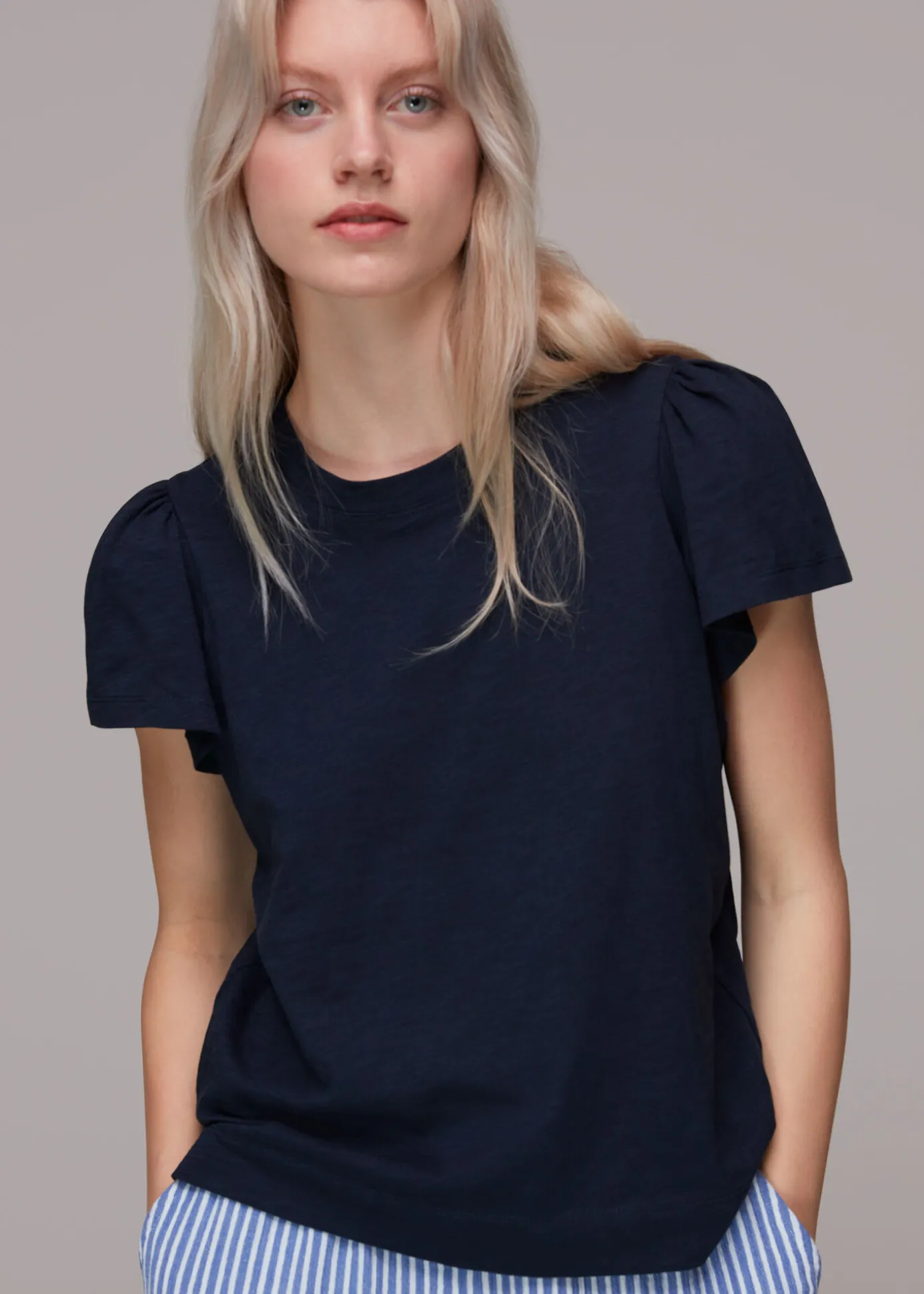 Navy Cotton Frill Sleeve T Shirt