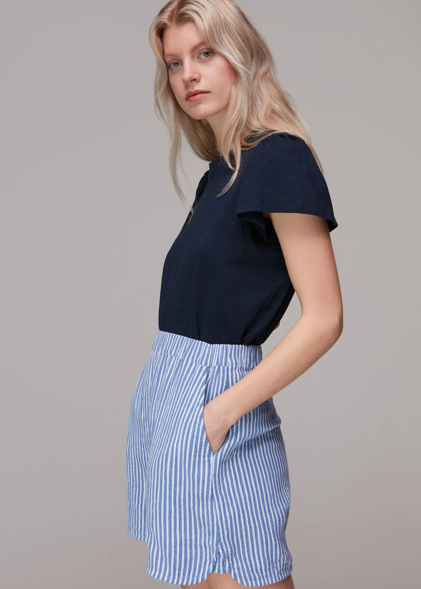 Navy Cotton Frill Sleeve T Shirt