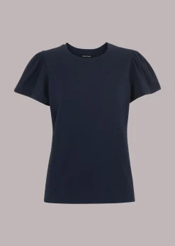 Navy Cotton Frill Sleeve T Shirt