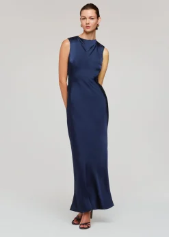 Navy Cowl Neck Satin Maxi Dress