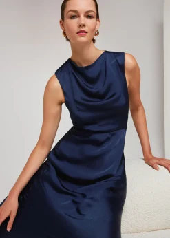 Navy Cowl Neck Satin Maxi Dress