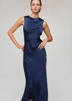 Navy Cowl Neck Satin Maxi Dress
