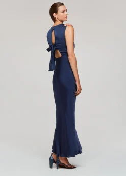Navy Cowl Neck Satin Maxi Dress