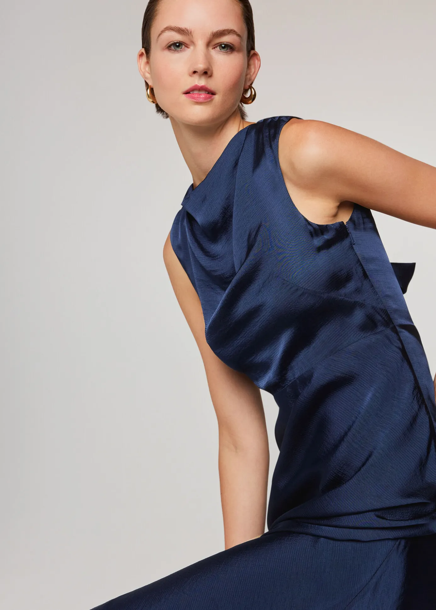 Navy Cowl Neck Satin Maxi Dress