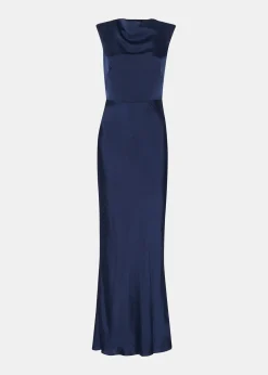 Navy Cowl Neck Satin Maxi Dress