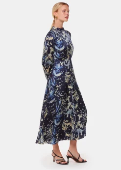 Navy Dazzled Floral Satin Dress