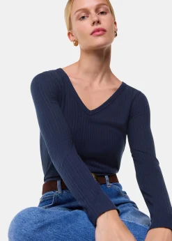 Navy Diagonal Rib V Neck Top