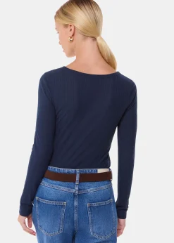 Navy Diagonal Rib V Neck Top