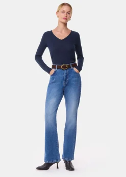 Navy Diagonal Rib V Neck Top