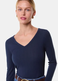Navy Diagonal Rib V Neck Top