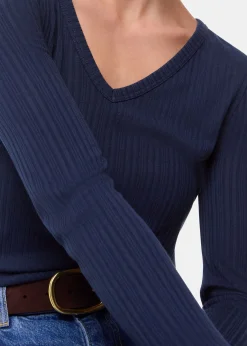 Navy Diagonal Rib V Neck Top