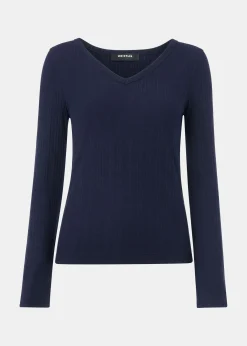 Navy Diagonal Rib V Neck Top