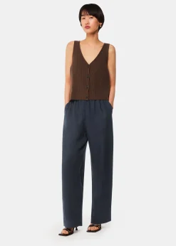 Navy Elasticated Linen Trouser