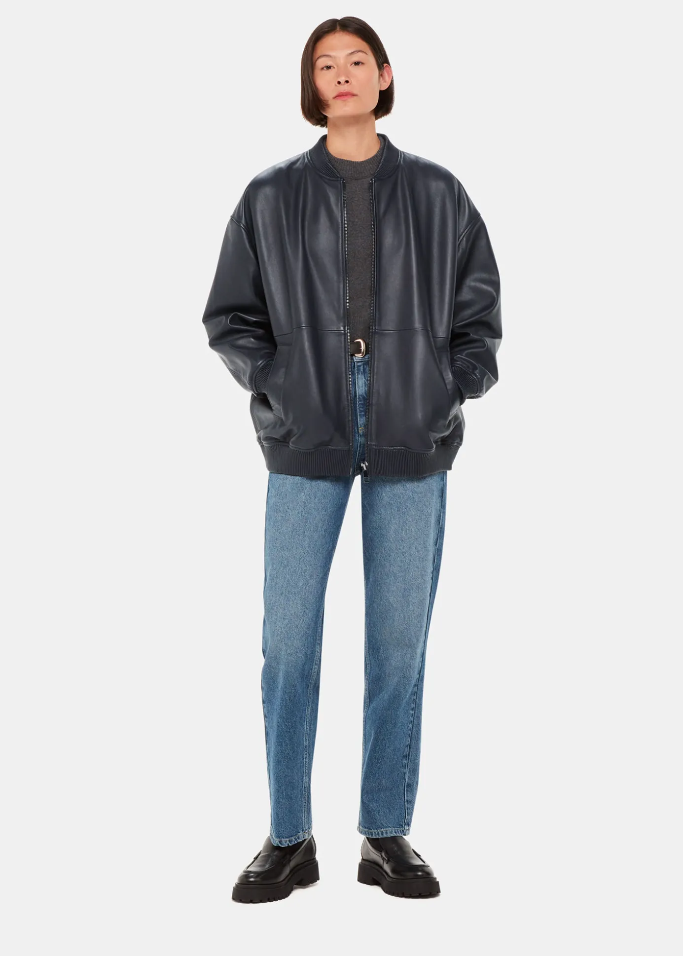 Navy Erin Leather Bomber