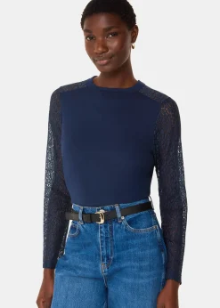 Navy Lace Sleeve Detail Top