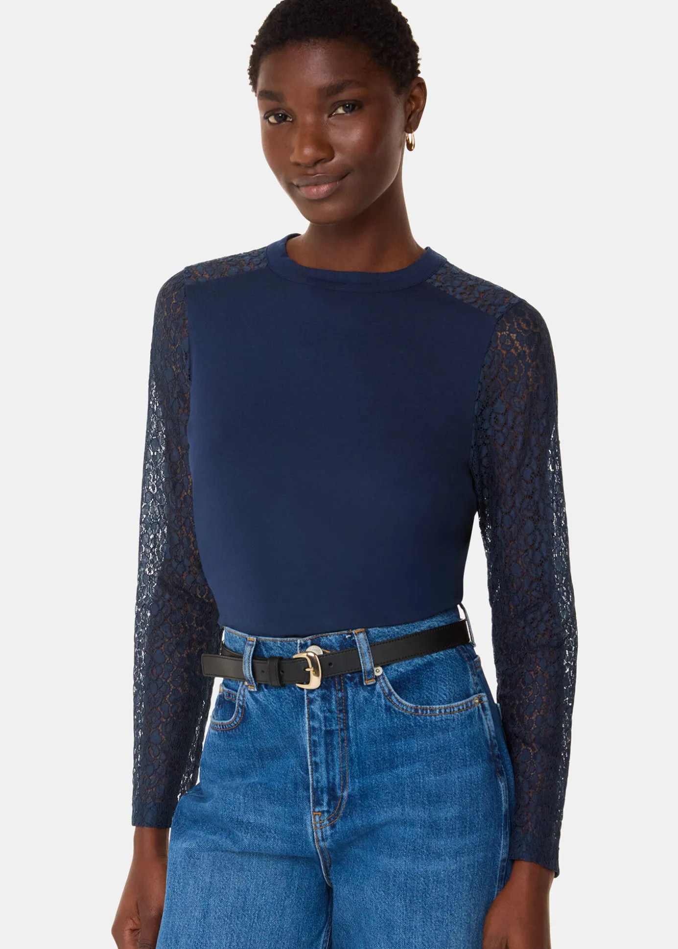 Navy Lace Sleeve Detail Top