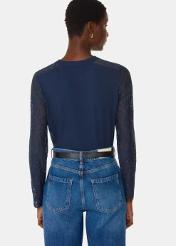 Navy Lace Sleeve Detail Top