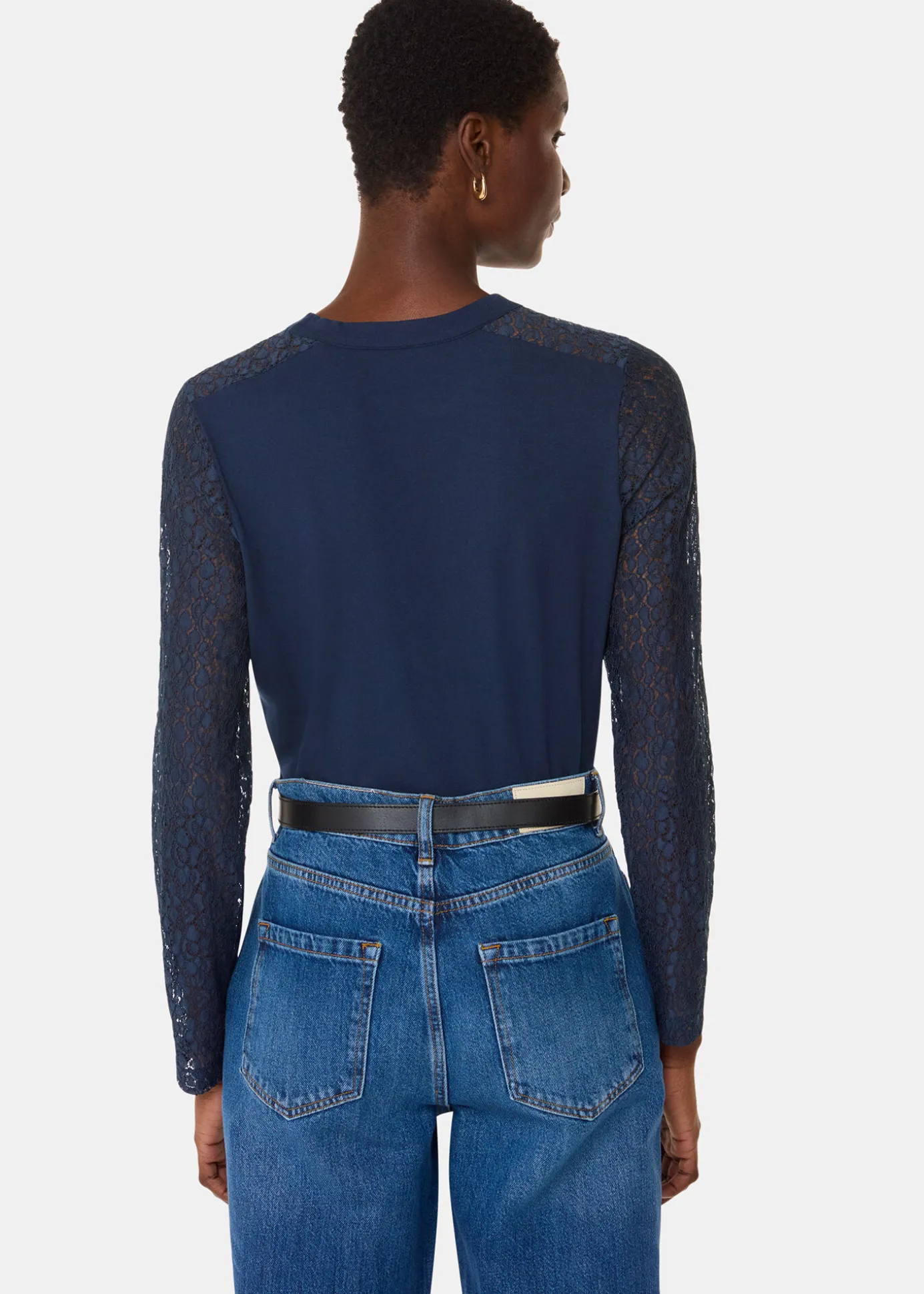 Navy Lace Sleeve Detail Top