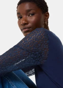Navy Lace Sleeve Detail Top