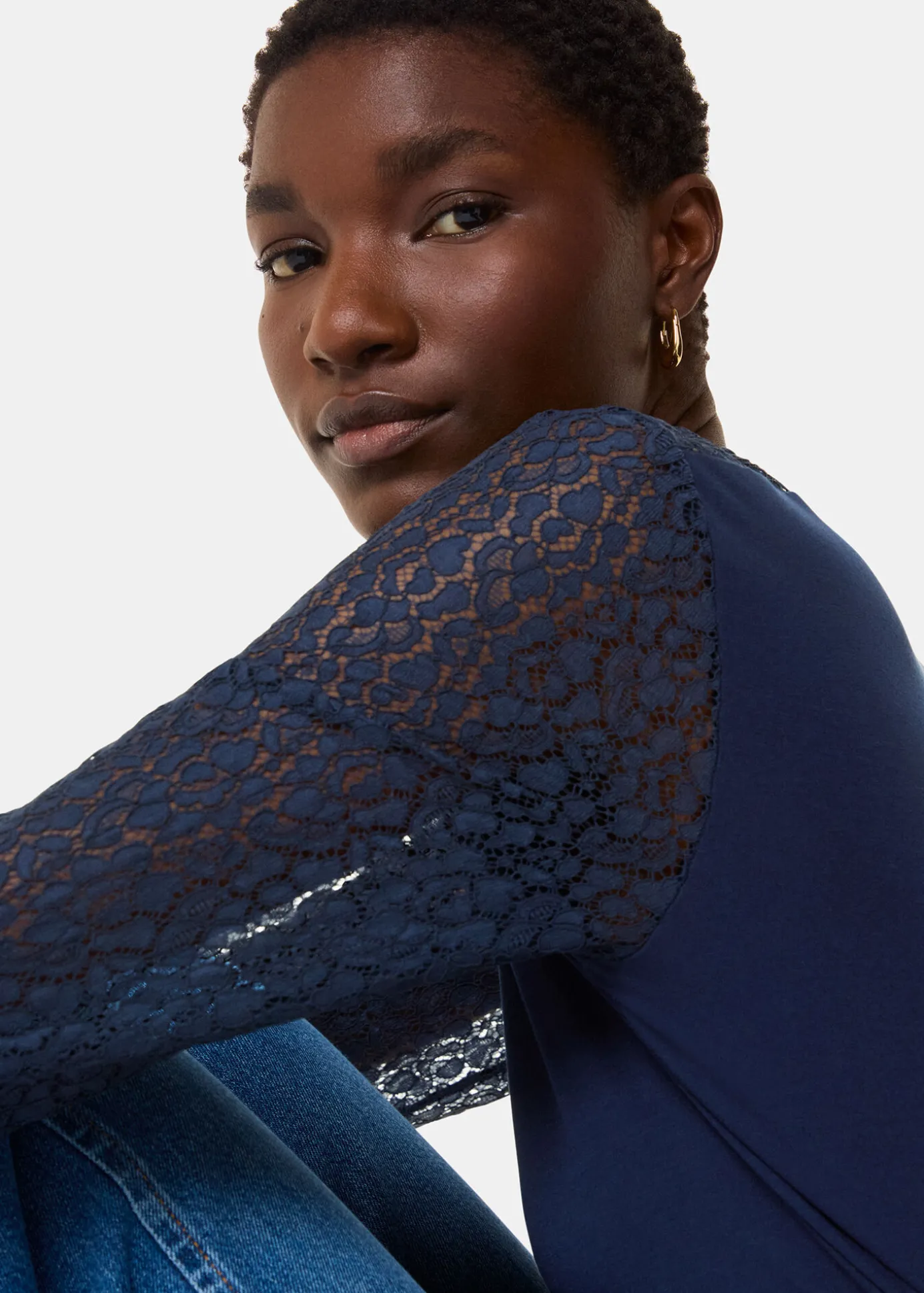 Navy Lace Sleeve Detail Top